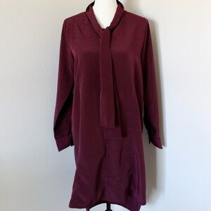 Burgundy Long Sleeve Tie-Neck Tunic Shirtdress